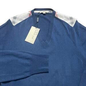 NWT Burberry Brit Sweater Mens XL Navy Pure Cashmere Nova Check V Neck Jumper